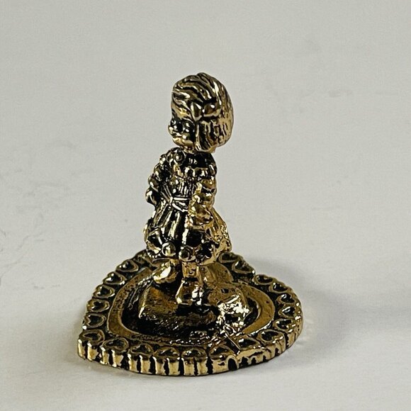 Girl Figure Standing on Heart Pedestal Gold Tone Mini Figurine - Picture 2 of 7